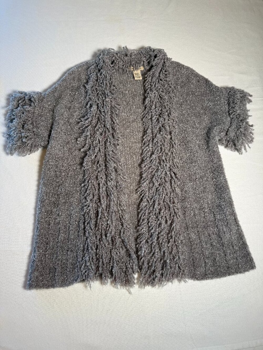 Vertical Design Women's Open Front Cardigan Knit Fringe Short Sleeve Size M